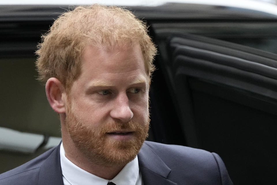 Prince Harry arrives at the High Court in London, Tuesday, June 6, 2023. Prince Harry is due at a London court to testify against a tabloid publisher he accuses of phone hacking and other unlawful snooping. Harry alleges that journalists at the Daily Mirror and its sister papers used unlawful techniques on an "industrial scale" to get scoops. Publisher Mirror Group Newspapers is contesting the claims. (AP Photo/Frank Augstein)