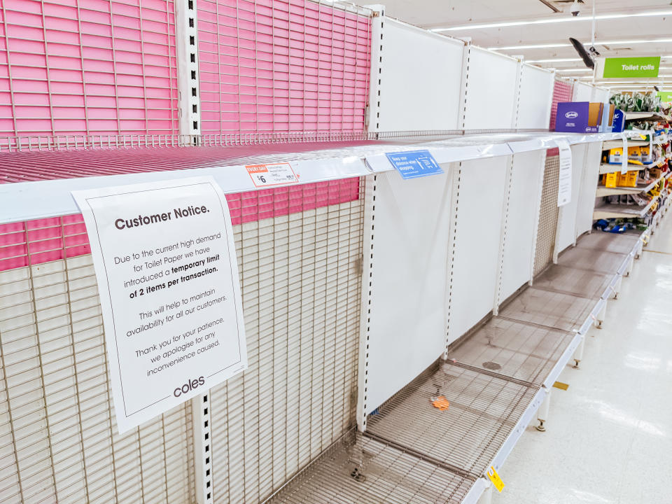 A photo of empty shelves in the toilet paper aisle at a Coles supermarket in Melbourne on May 27, 2021, after the Victorian State Government announced a 'circuit breaker' lockdown for 7 days due to the rises in cases of Coronavirus or COVID-19.