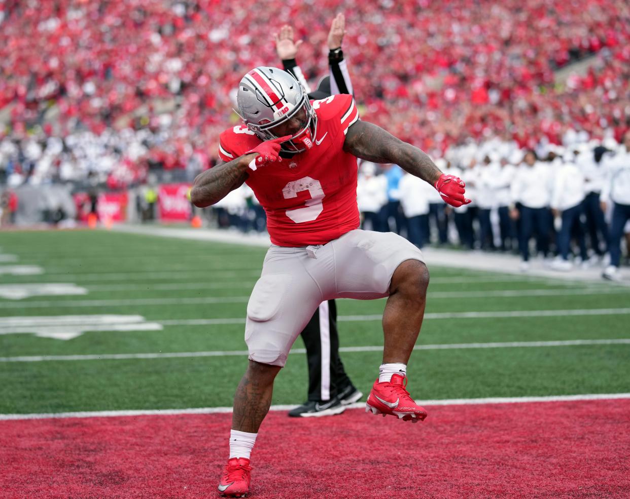 Oct 21, 2023; Columbus, Ohio, USA; Ohio State Buckeyes running back Miyan Williams (3) celebrates his rushing touchdown against Penn State Nittany Lions during the second quarter of their game at Ohio Stadium.