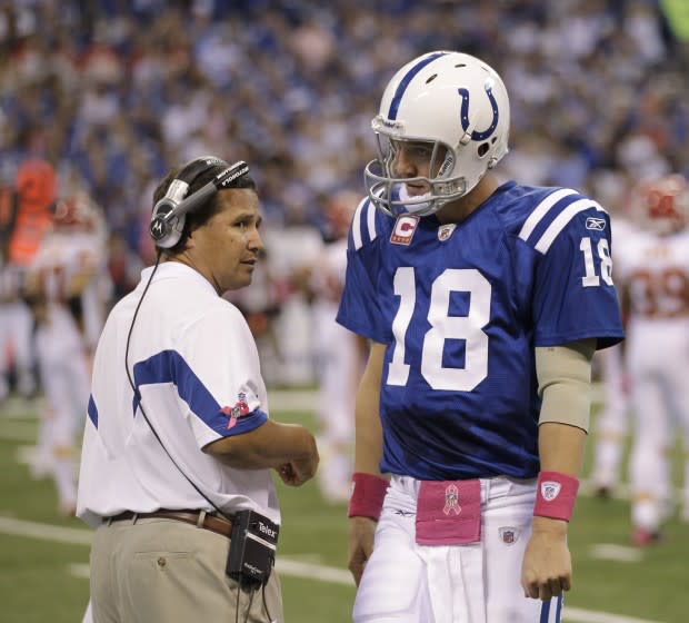 Indianapolis Colts quarterback Peyton Manning and offensive coordinator Clyde Christensen on Oct. 10, 2010