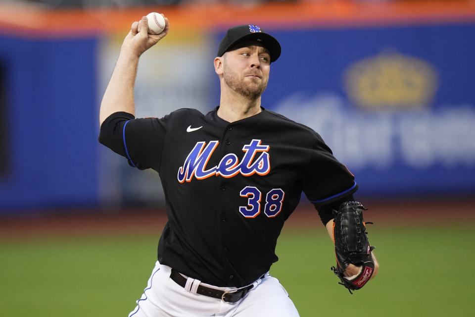 New York Mets' Tylor Megill pitches during the first inning of the team's baseball game against the St. Louis Cardinals on Friday, June 16, 2023, in New York. (AP Photo/Frank Franklin II)