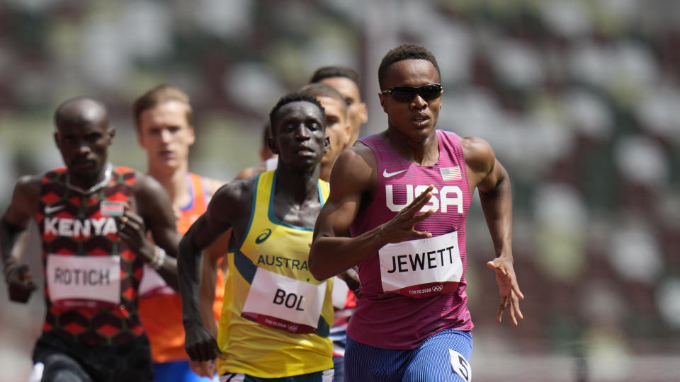 Isaiah Jewett, of United States, competes in a heat in the men&#39;s 800-meter run at the 2020 Summer Olympics, Saturday, July 31, 2021, in Tokyo. (AP Photo/Petr David Josek)