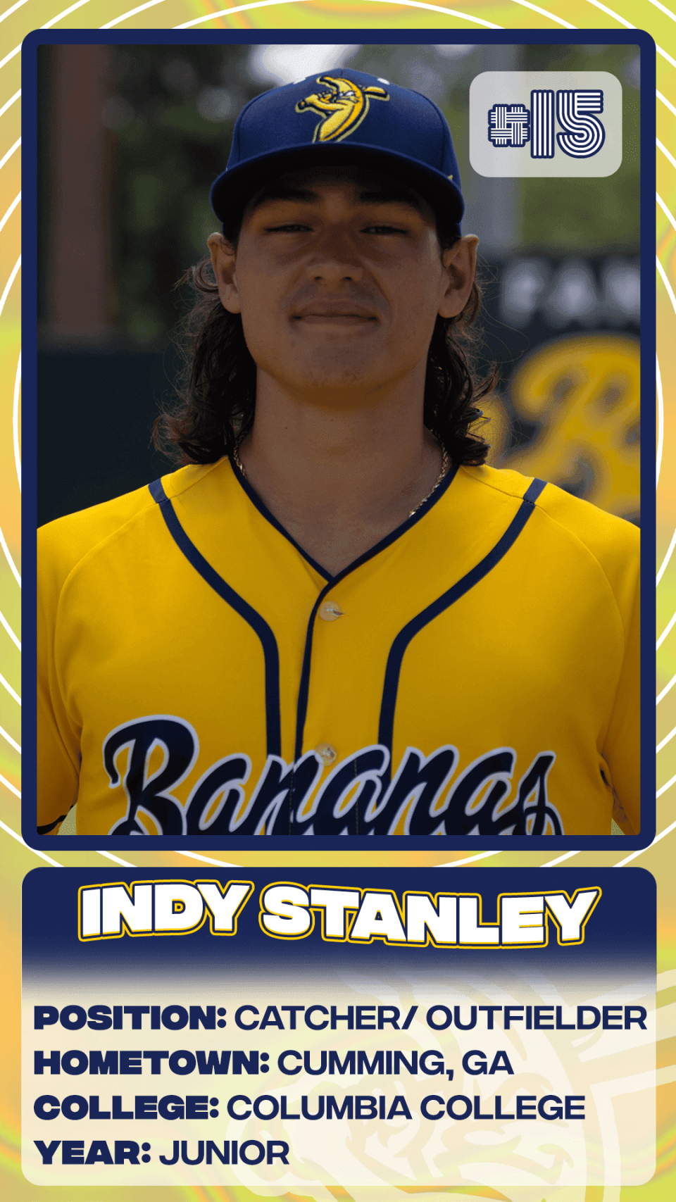 Savannah Bananas catcher Indiana Stanley of Columbia  College.