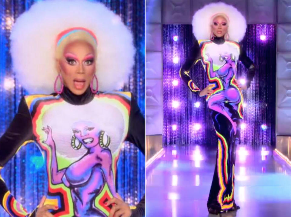 <p>Sorry, but your fave could never wear a long-sleeve tube gown with a naked image of herself on it — with a matching white afro and hoop earrings to boot — and get away with it. Ru? She can.</p><p>Disco. Graffiti. Queen. Eleganza.</p>