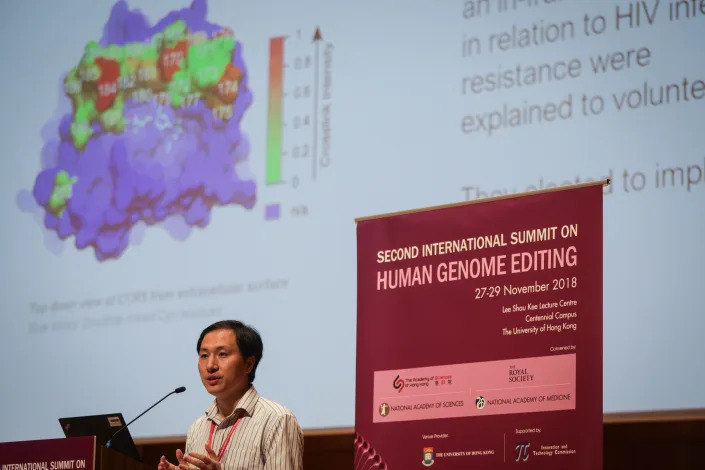 HONG KONG - 2018/11/28: Chinese geneticist He Jiankui of the Southern University of Science and Technology in Shenzhen, China seen speaking during the Second International Summit on Human Genome Editing at the University of Hong Kong.
The Chinese geneticist claims to have altered the genes of the embryo of a pair of twin girls before birth, prompting outcry from scientists of the field. (Photo by S.C. Leung/SOPA Images/LightRocket via Getty Images)