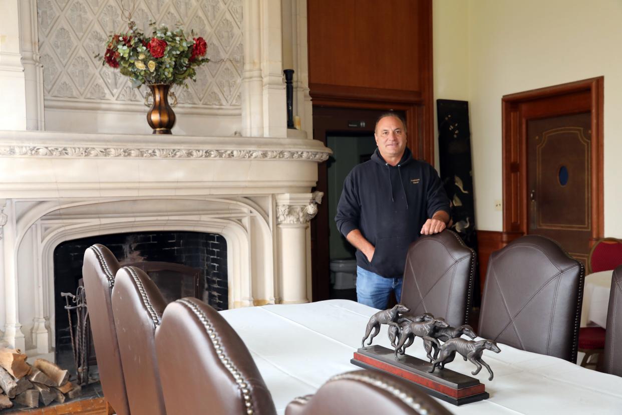 Developer Bill Catucci in the dining room of the mansion at Fieldstone Manor, which can be rented for event space, in Yorktown Nov. 7, 2023. Catucci lives in the former Vanderbilt mansion and later, Franciscan High School; and has turned parts of it into rental housing and an event space. Single family homes are also being developed on the property.