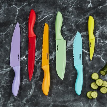 A pack of colorful Cuisinart knives people consider to be a fantastic beginner set