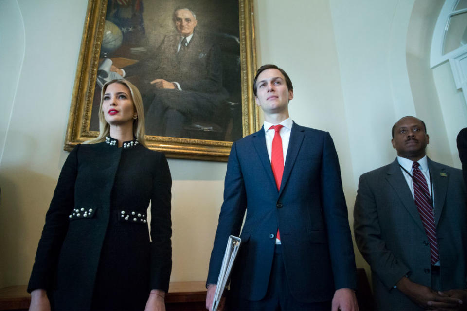 Jared Kushner, at the time White House Senior Advisor, and Ivanka Trump attend a meeting in the Cabinet Room of the White House in Washington, D.C. in 2018.<span class="copyright">Michael Reynolds—Getty Images</span>