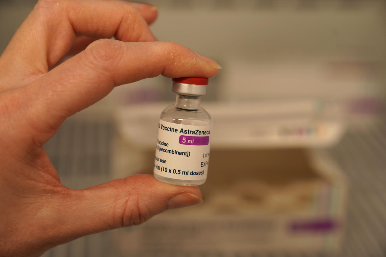 A member of staff holding a dose of the Oxford/Astrazeneca coronavirus vaccine at a coronavirus vaccination clinic at the NHS Nightingale Hospital North East in Sunderland. Picture date: Tuesday January 26, 2021.