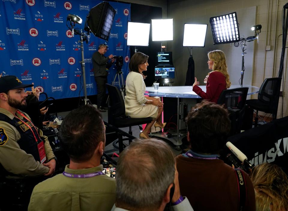 Dec 6, 2023; Tuscaloosa, AL, USA; Nikki Haley talks to Megyn Kelly on set in the Spin Room after the fourth Republican Presidential Primary Debate presented by NewsNation at the Frank Moody Music Building on the campus of the University of Alabama on Dec. 6, 2023.