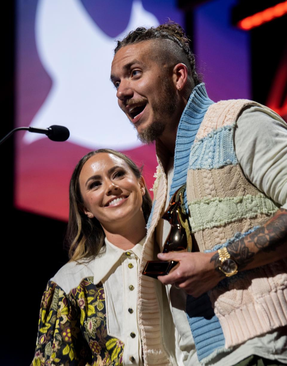 Brandon Lake receives Artist of the Year during the 54th annual Dove Awards at Lipscomb University in Nashville , Tenn., Tuesday, Oct. 17, 2023.