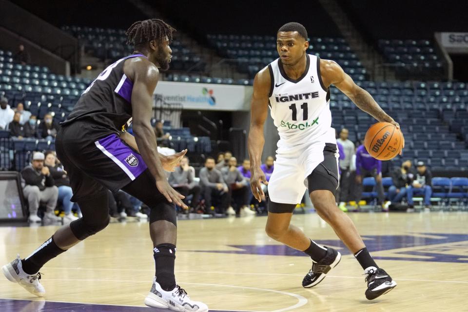 G League Ignite forward Michael Foster Jr. dribbles during a game in November. (Darren Yamashita/USA TODAY Sports)