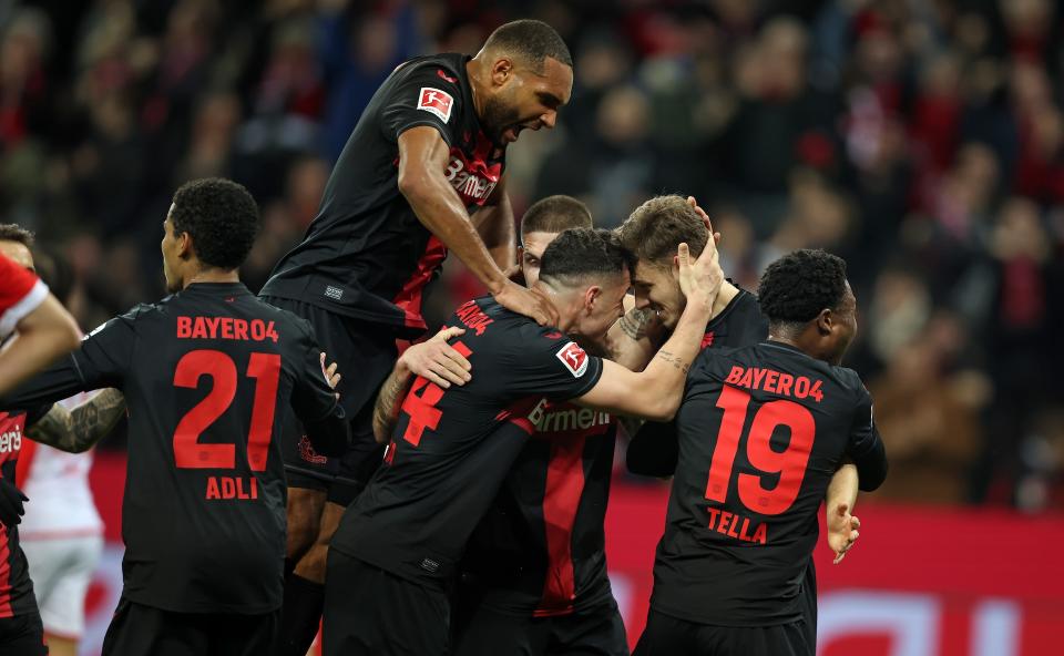 Leverkusen celebrates during Saturday's win over Bayern. (Stefan Matzke/Corbis via Getty Images)