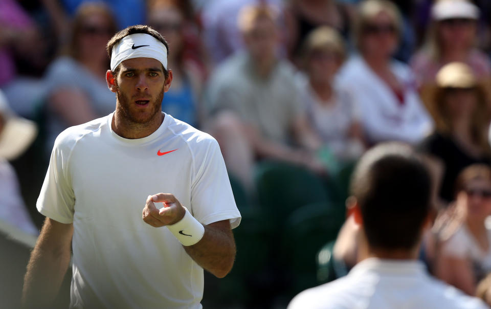 Argentina's Juan Martin Del Potro gestures during his match against Serbia's Novak Djokovic during day eleven of the Wimbledon Championships at The All England Lawn Tennis and Croquet Club, Wimbledon.