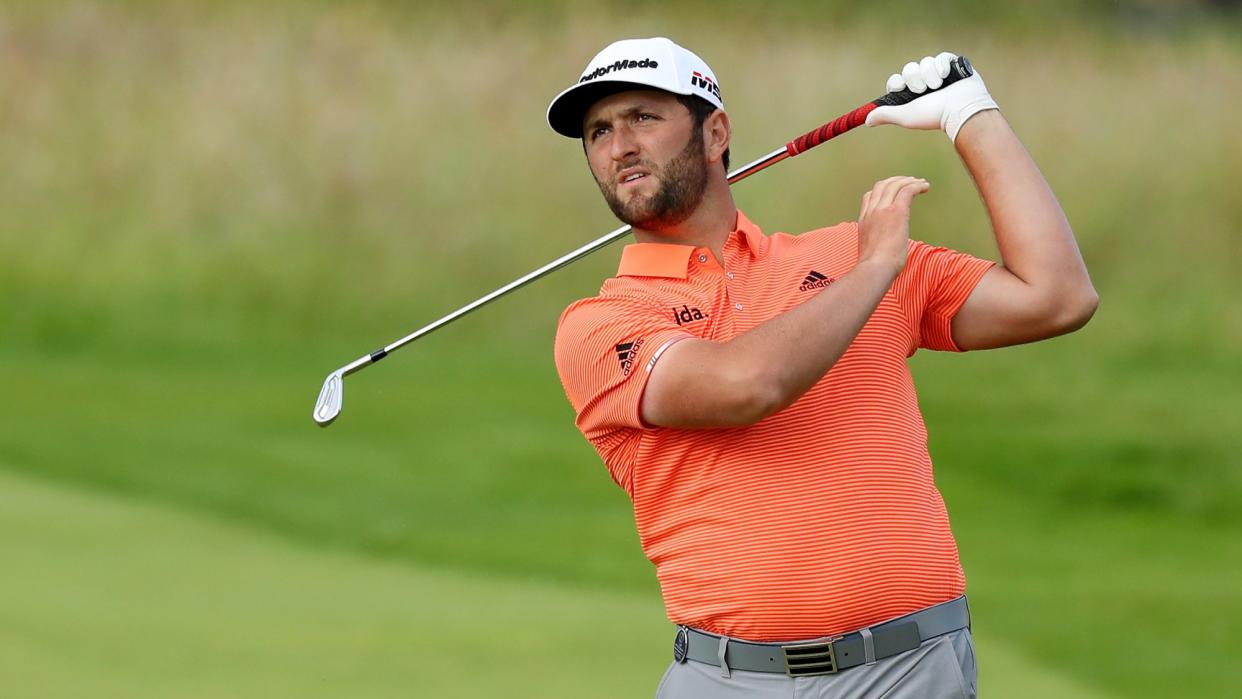   Jon Rahm of Spain plays his second shot on the 18th hole during the first round of the 148th Open Championship held on the Dunluce Links at Royal Portrush Golf Club on July 18, 2019 in Portrush, United Kingdom 