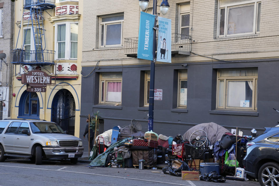 A homeless encampment is seen along Leavenworth Street in the Tenderloin district of San Francisco, Wednesday, Nov. 8, 2023. Thousands of CEOs, world leaders, protesters and others will soon descend on San Francisco for a high-profile global trade summit that could give the battered city a chance to reverse its image of an economic powerhouse now in decline. As host, San Francisco and the city's partners are cleaning sidewalks, scrubbing away graffiti and moving homeless people to shelter indoors. (AP Photo/Eric Risberg)