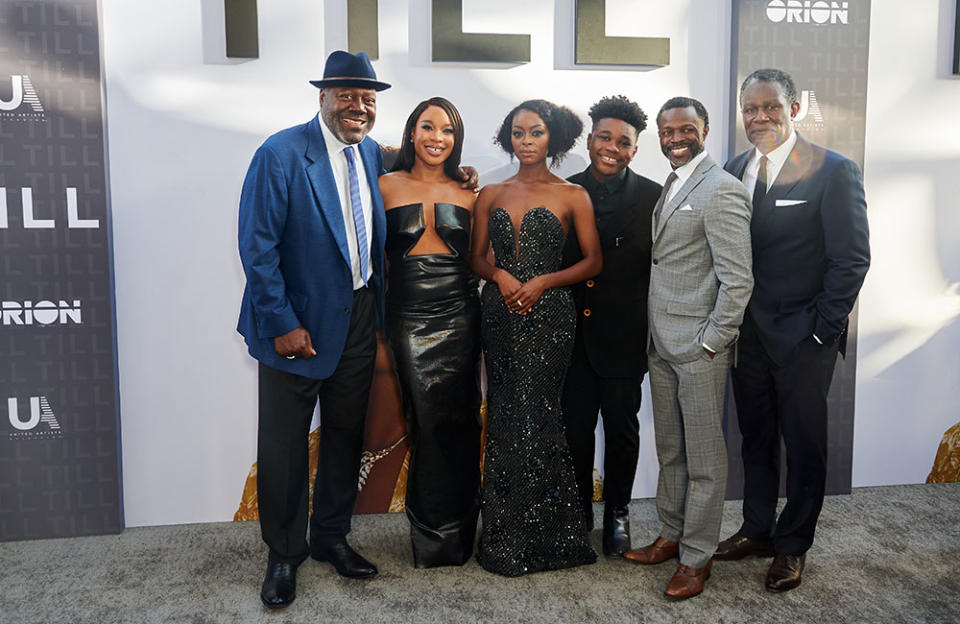 (L-R) Frankie Faison, Chinonye Chukwu, Danielle Deadwyler, Jalyn Hall, Sean Patrick Thomas and John Douglas Thompson arrive for the Los Angeles special screening of " Till" at the Samuel Goldwyn theater in Beverly Hills, California, October 8, 2022.