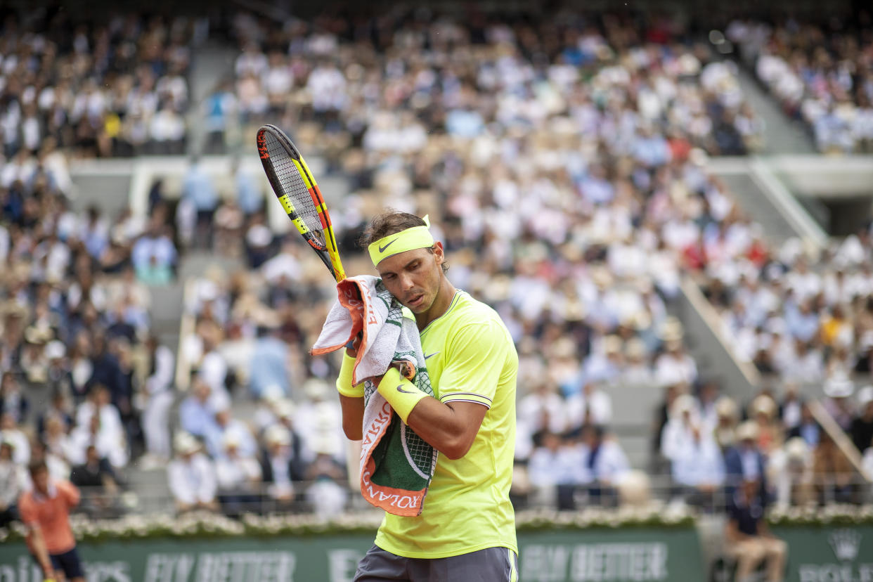 PARIS, FRANCE June 09.  Rafael Nadal of Spain in action against Dominic Thiem of Austria during the Men's Singles Final on Court Philippe-Chatrier at the 2019 French Open Tennis Tournament at Roland Garros on June 9th 2019 in Paris, France. (Photo by Tim Clayton/Corbis via Getty Images)