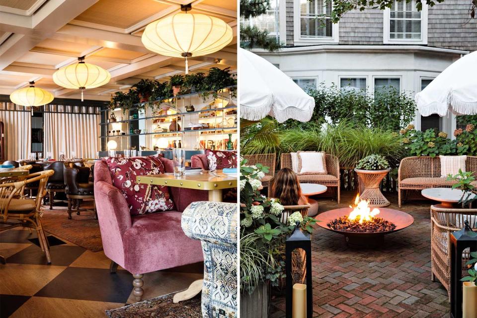 Two scenes from Nantucket hotel Light House, including a dining room, and a fire pit in a courtyard.