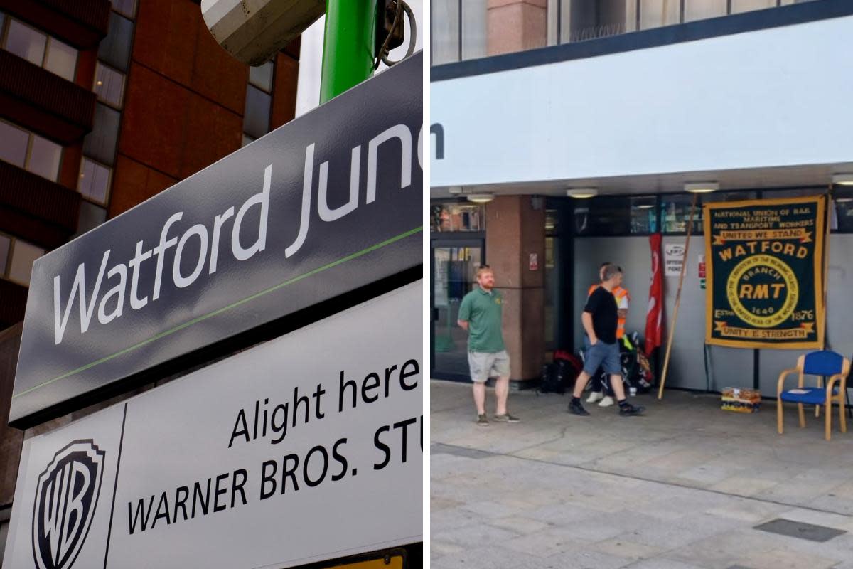 Watford Junction sign/ a picket at the station. <i>(Image: Newsquest/Network Rail)</i>