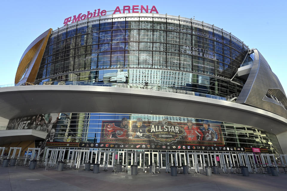 FILE - T-Mobile Arena stands in Las Vegas Feb. 1, 2022, in Las Vegas. With sports betting abound, the NCAA has no qualms about placing its college basketball championships in Las Vegas. The West Region games at the arena are among nine championship events the NCAA awarded to the city in 2020. (AP Photo/David Becker, File)