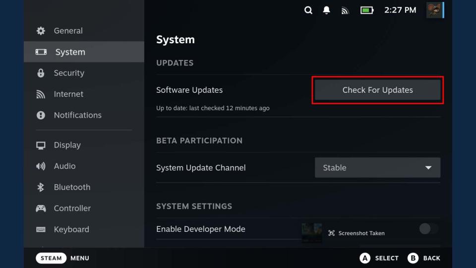 Steam Deck Check for Updates.