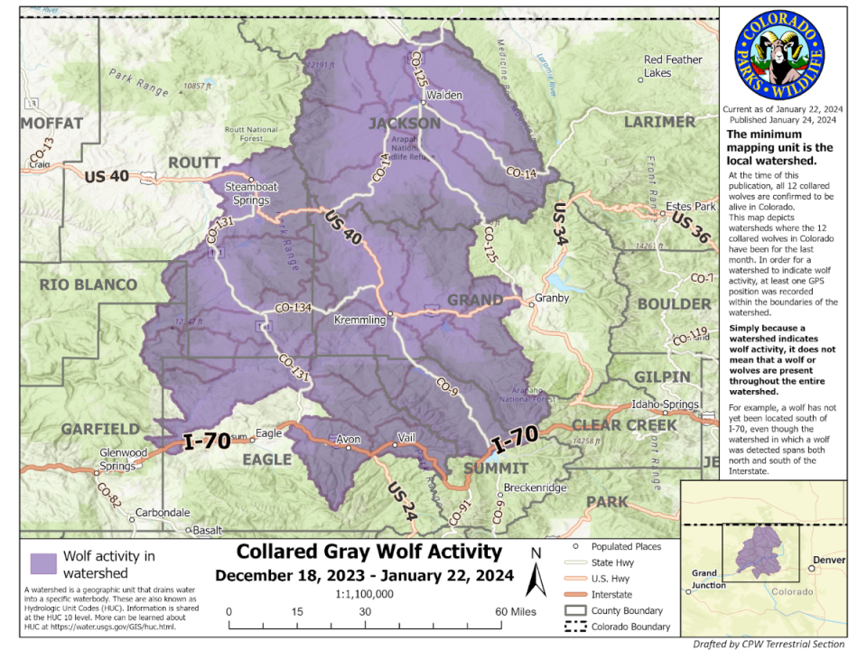 This is the initial map released by Colorado Parks and Wildlife showing the movements of Colorado's 12 collared wolves Dec. 18, 2023, through Jan. 22, 2024.