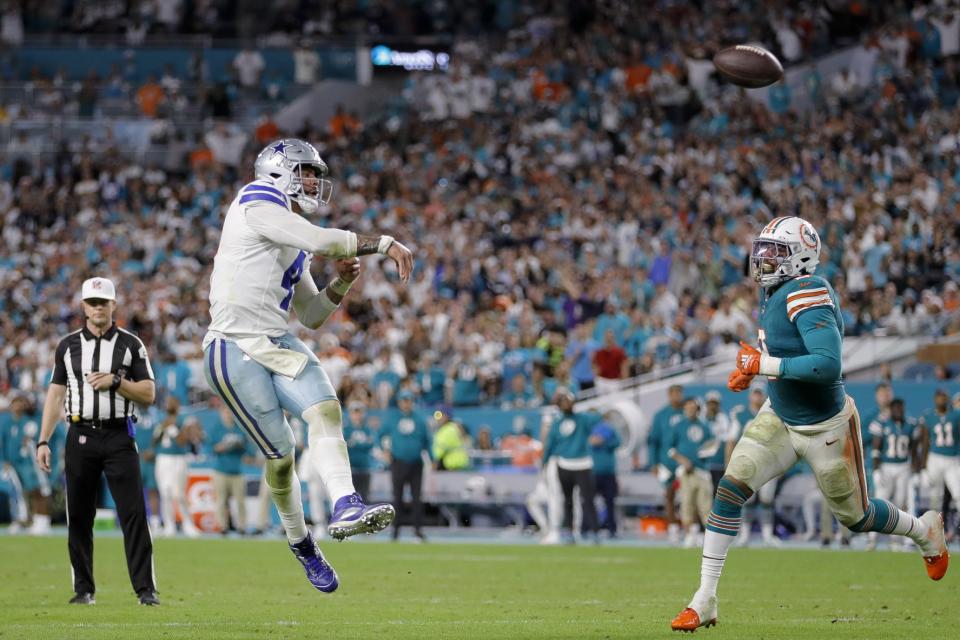 Dec 24, 2023; Miami Gardens, Florida, USA; Dallas Cowboys quarterback Dak Prescott (4) throws the football against the Miami Dolphins during the fourth quarter at Hard Rock Stadium. Mandatory Credit: Sam Navarro-USA TODAY Sports