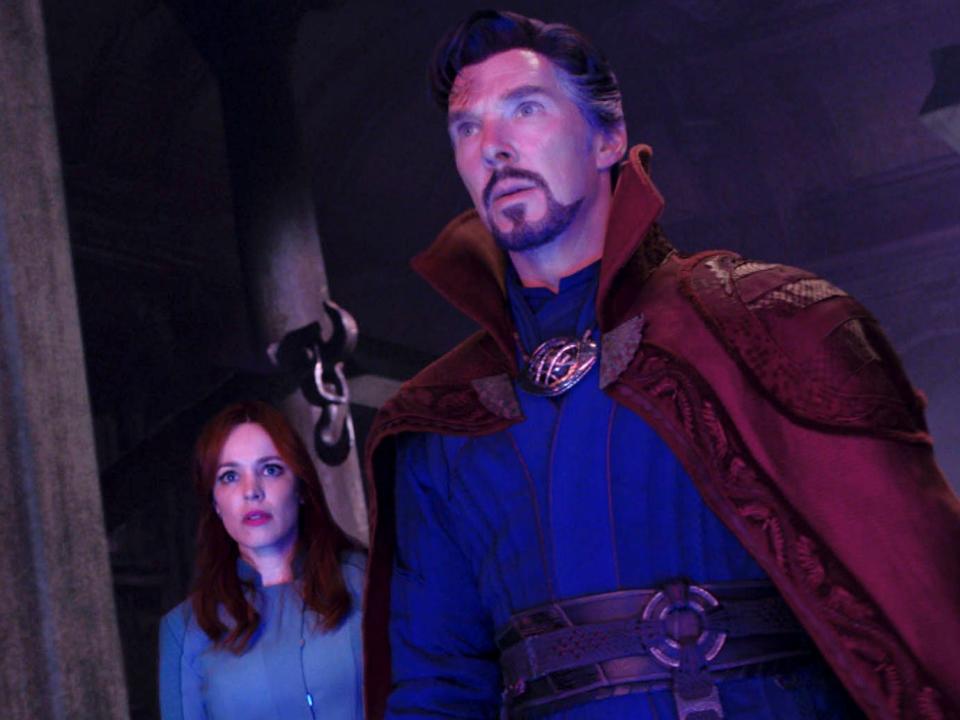 Rachel McAdams as Dr. Christine Palmer, Benedict Cumberbatch as Dr. Stephen Strange, and Xochitl Gomez as America Chavez in "Doctor Strange in the Multiverse of Madness."