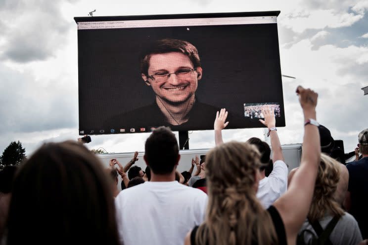 Edward Snowden at the Roskilde Festival in Roskilde, Denmark on June 28, 2016. (Photo: Scanpix Denmark/Mathias Loevgreen Bojesen/via Reuters)