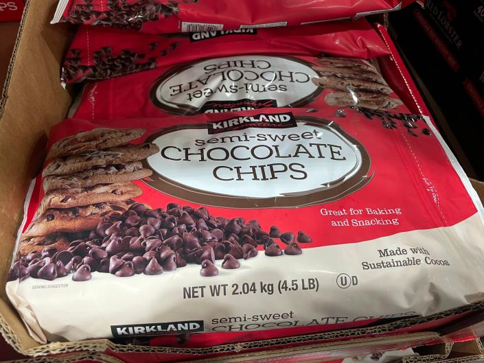 red and white bags of Kirkland chocolate chips at Costco