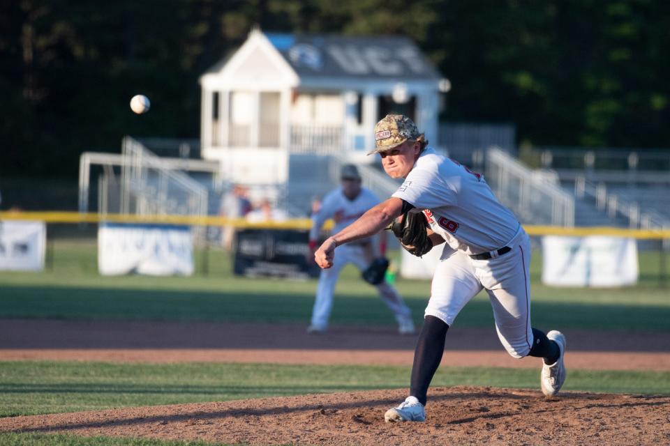 Connor Wietgrefe of the Bourne Braves lets his pitch fly.