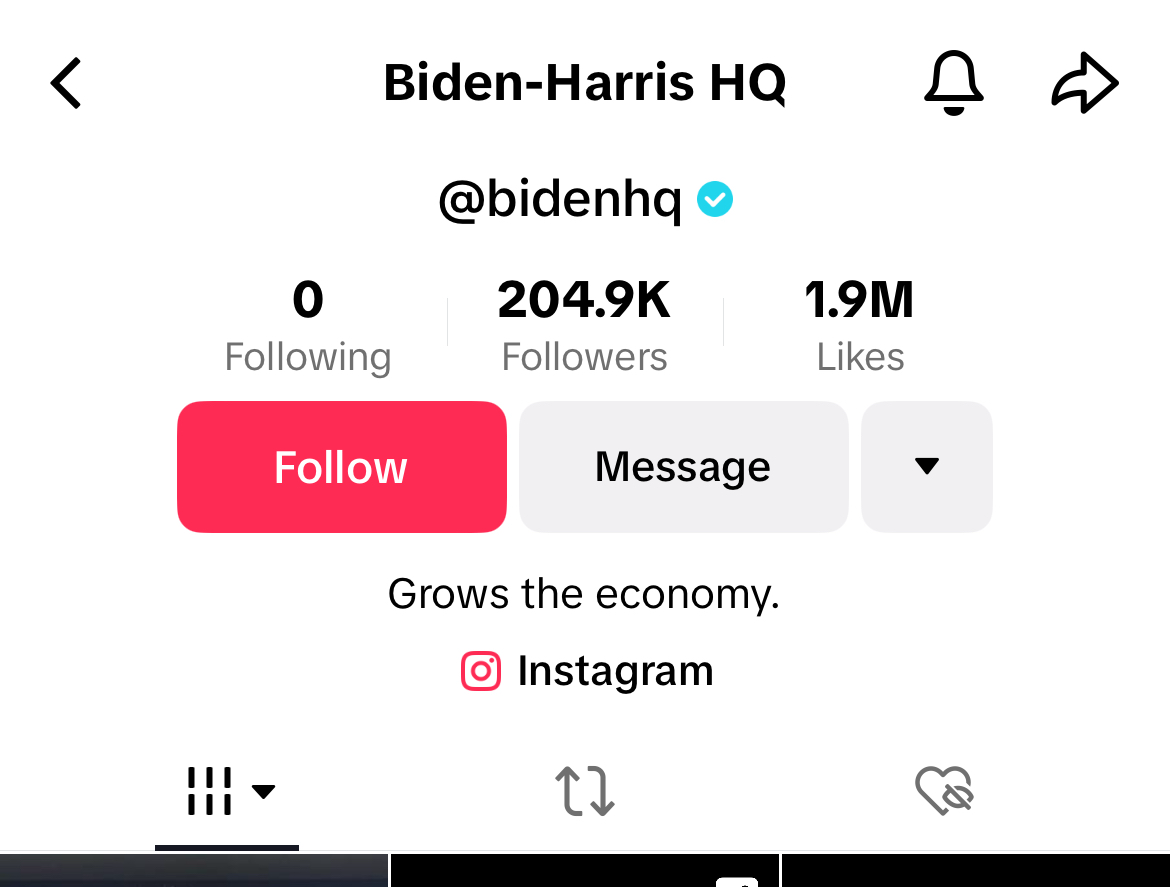 A screenshot of Joe Biden's re-election campaign's TikTok account.