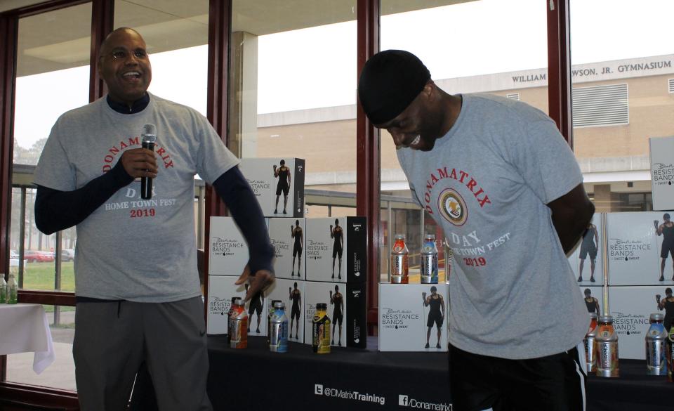 Petersburg Mayor Samuel Parham introduces Celebrity Fitness Trainer Don &#x002018;DB DONAMATRIX&#x002019; Brooks on DONAMATRIX DAY at the Home Town Fit Fest held at the Petersburg High School on April 6, 2019.