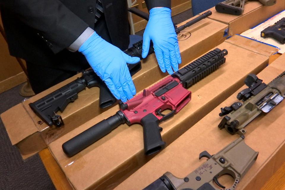 "Ghost guns" are displayed at the headquarters of the San Francisco Police Department in San Francisco, Nov. 27, 2019. A leading manufacturer of ghost guns has agreed Wednesday, Feb. 21, 2024, to stop selling its untraceable, unassembled firearms to Maryland residents.