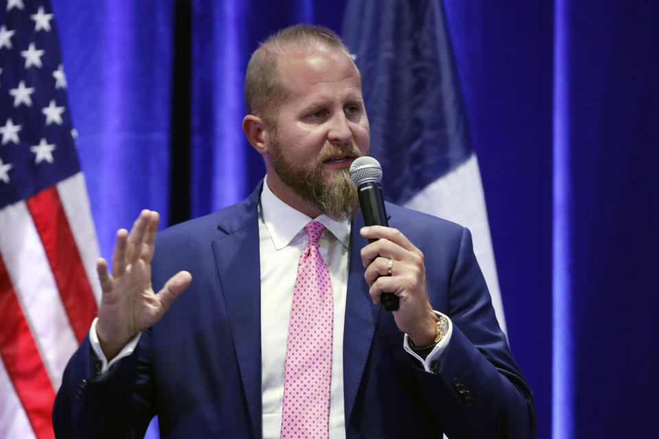 FILE - In this Tuesday, Oct. 15, 2019, file photo, Brad Parscale, then-campaign manager to President Donald Trump, speaks to supporters during a panel discussion, in San Antonio. Parscale was hospitalized Sunday, Sept. 27, 2020, after he threatened to harm himself, according to Florida police and campaign officials. (AP Photo/Eric Gay, File)