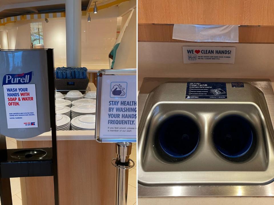 A sanitizer and hand-washing station on the cruise ship.