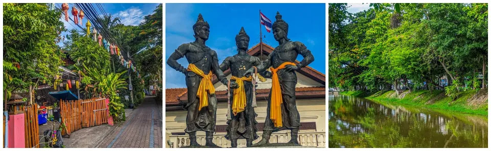 Eine Straße in Chiang Mai, Thailand;  drei thailändische Könige;  ein Kanal