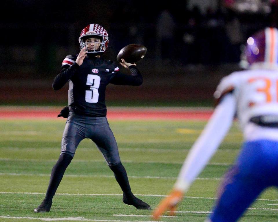 Patterson quarterback Max Medina (3) throws a deep pass during a Division IV Sac Joaquin Section Football Playoff game between Patterson and Kimball at Patterson High School in Patterson CA on November 10, 2023.