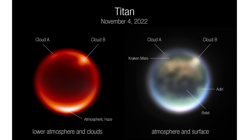 Images of Saturn’s moon, Titan, from the James Webb Space Telescope’s NIRCam instrument on Nov. 4, 2022.