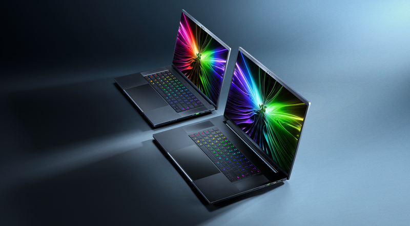 Two Razer Blade Laptops together, one a 16 inch the other an 18 inch