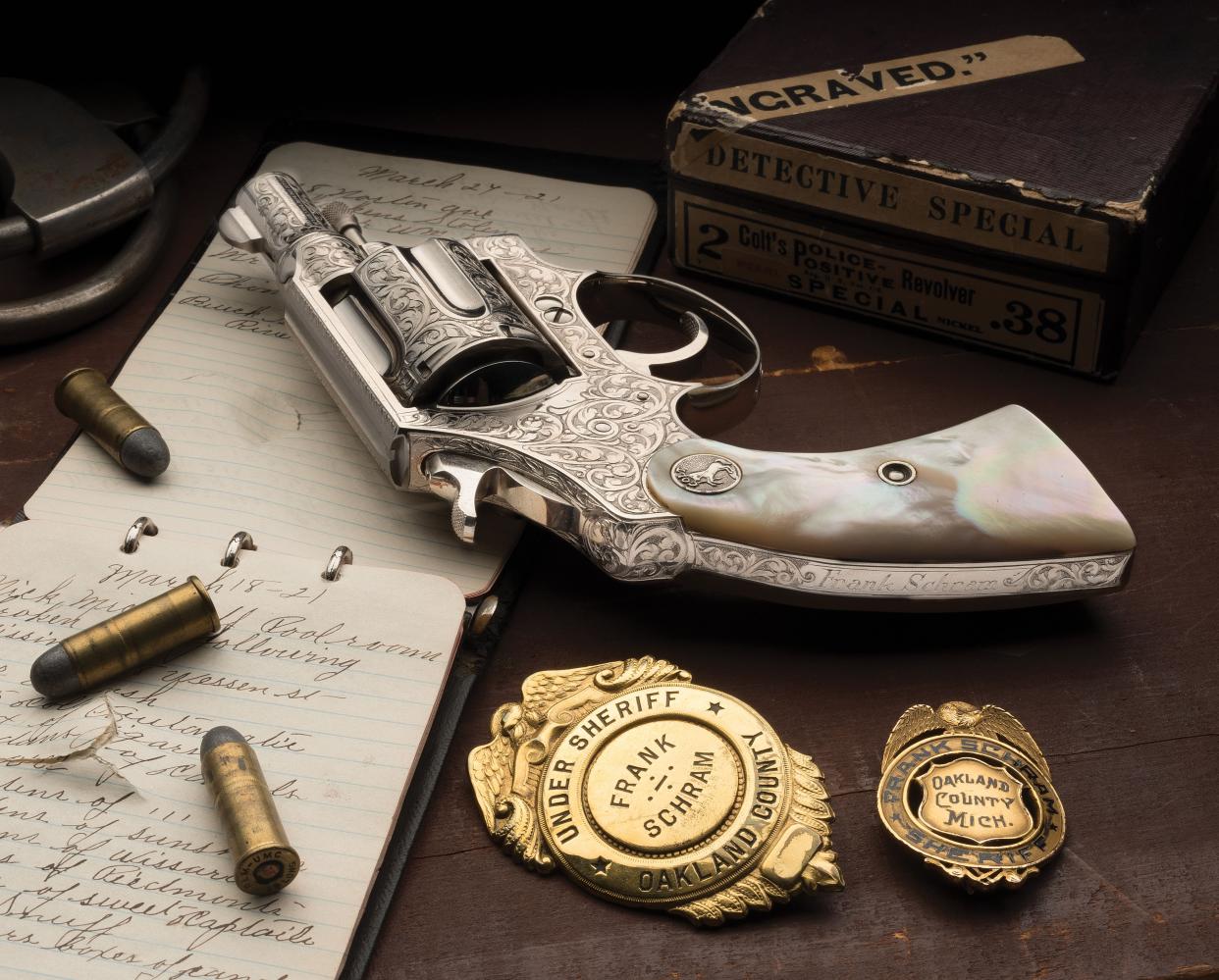 A revolver and items once owned by Oakland Country Sheriff Frank Schram.