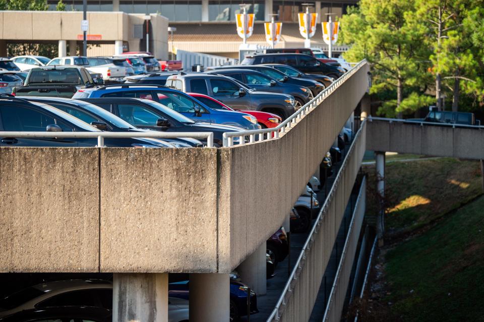 Cars fill the upper levels of the G10 parking garage located between Neyland Stadium and Thompson-Boling Arena on the University of Tennessee's campus in Knoxville on Thursday, Sept. 21, 2023.