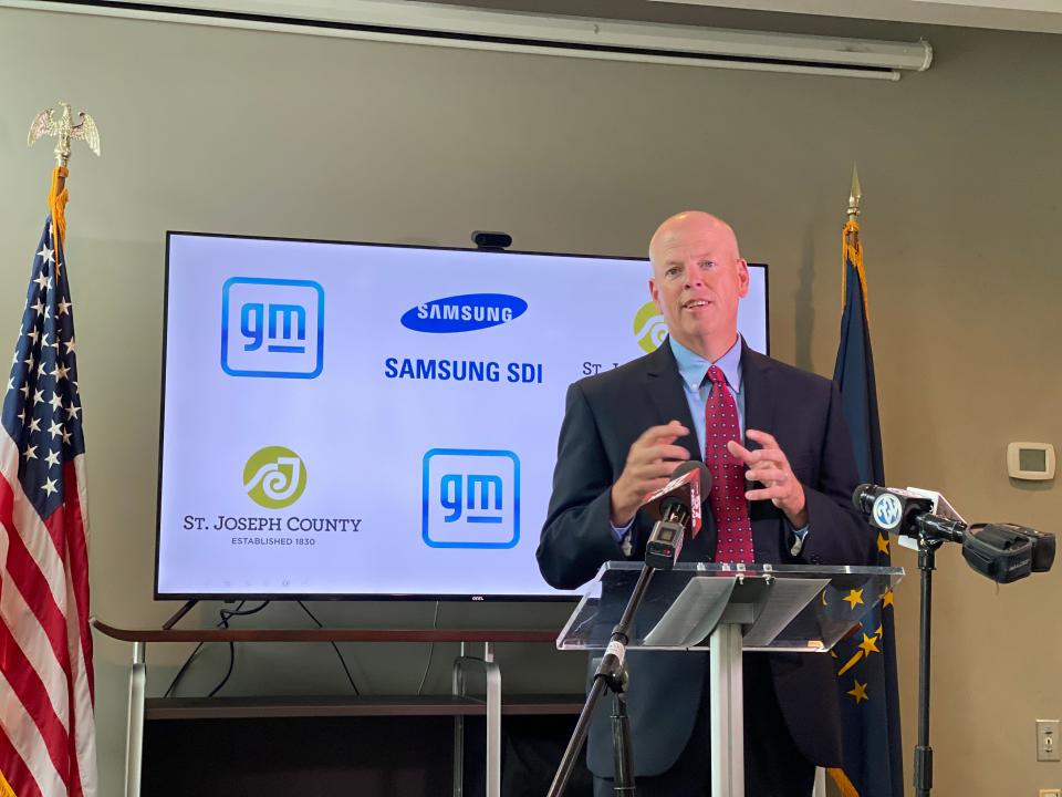 Jeff Rea, president and CEO of the South Bend Regional Chamber of Commerce, discusses the announcement earlier in the day that GM and Samsung SDI will build an EV battery plant in New Carlisle at a press conference June 13, 2023, at the chamber's offices in downtown South Bend.