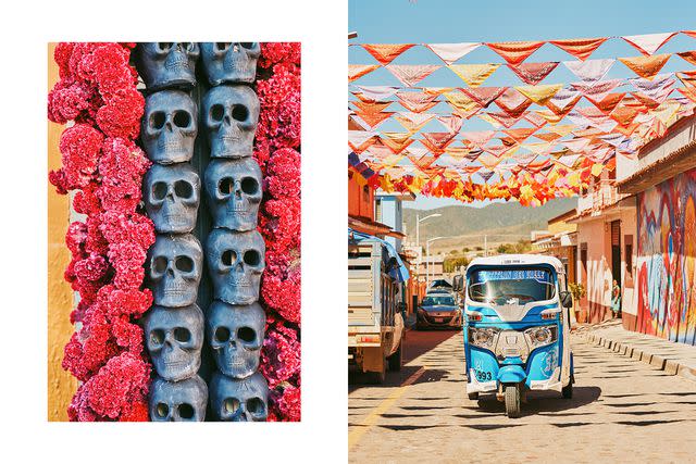 <p>Daniel Seung Lee</p> From left: Día de los Muertos decorations on the streets of Oaxaca City; festival banners on a street in Teotitlán del Valle, a community of artisans outside Oaxaca.