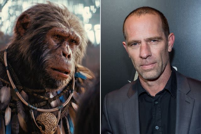 <p>courtesy 20th Century Studios; getty</p> (Left-right:) Neil Sandilands in 'Kingdom of the Planet of the Apes'; on May 2