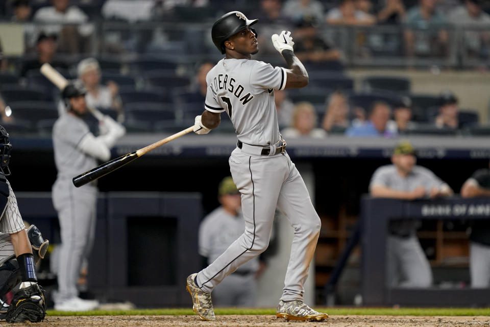 Chicago White Sox' Tim Anderson hits a three-run home run off New York Yankees relief pitcher Miguel Castro (30) in the eighth inning of the second baseball game of a doubleheader, Sunday, May 22, 2022, in New York. (AP Photo/John Minchillo)