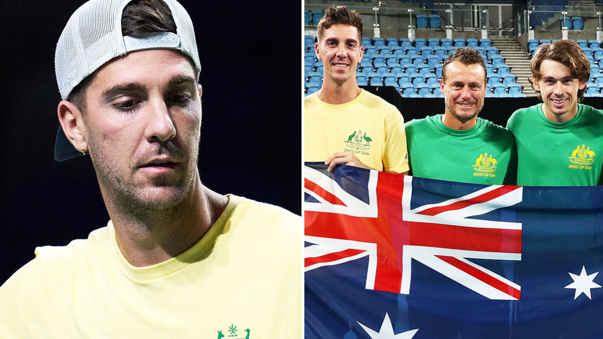 Thanasi Kokkinakis and Lleyton Hewitt, pictured here in the Davis Cup.