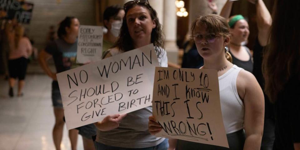 Abortion-rights protesters demonstrate inside the Indiana State house. As the legislature is holding a special session to consider curtailing abortion rights in the wake of the U.S. Supreme Court ruling overturning Roe v. Wade last month, abortion rights activists protested in Indianapolis.