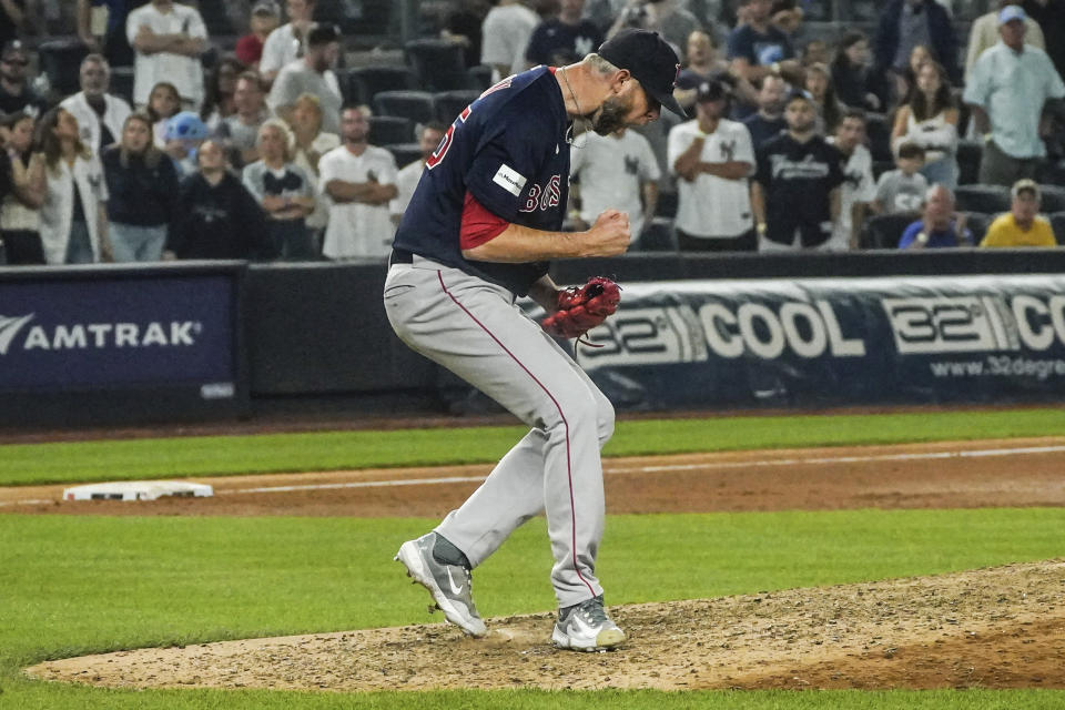 Boston Red Sox relief pitcher Chris Martin celebrates his strikeout in the tenth inning to win a baseball game against the New York Yankees, Sunday, June 11, 2023, in New York. (AP Photo/Bebeto Matthews)